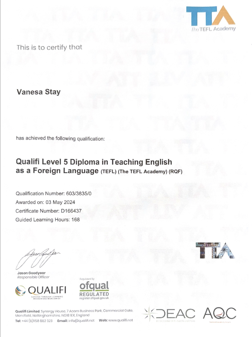 Certificación TEFL Qualifi Level 5 de Vanesa Stay - The TEFL Academy Reino Unido Ofqual